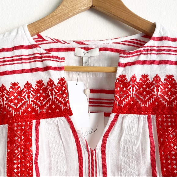 Joie Selba Stripe Bell Sleeve Embroidered Cotton Blouse Cherry Red White XS NWT - Picture 4 of 9